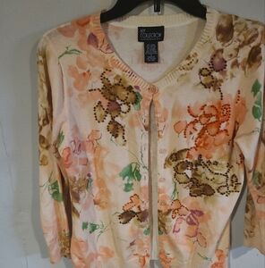 NY Collection Women's Floral Cardigan Sweater - Cream and Brown